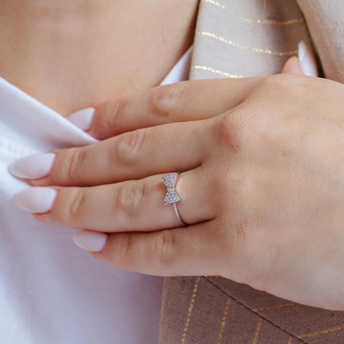Rhodium Plated 925 Sterling Silver CZ Bow Tie Ring