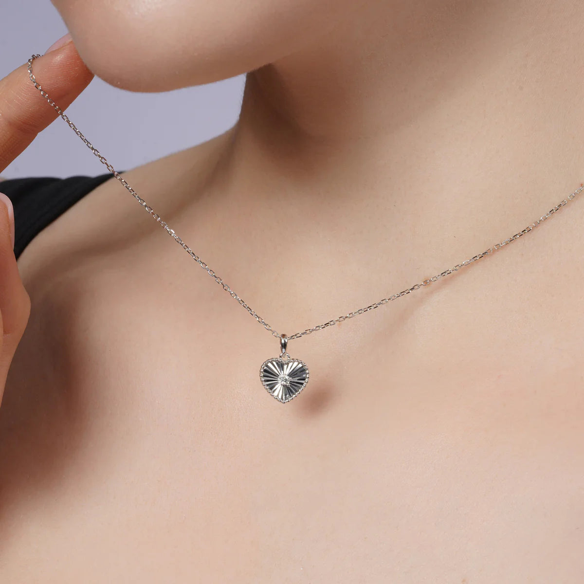 Sterling Silver Flutted Heart Moissanite Pendant Necklace