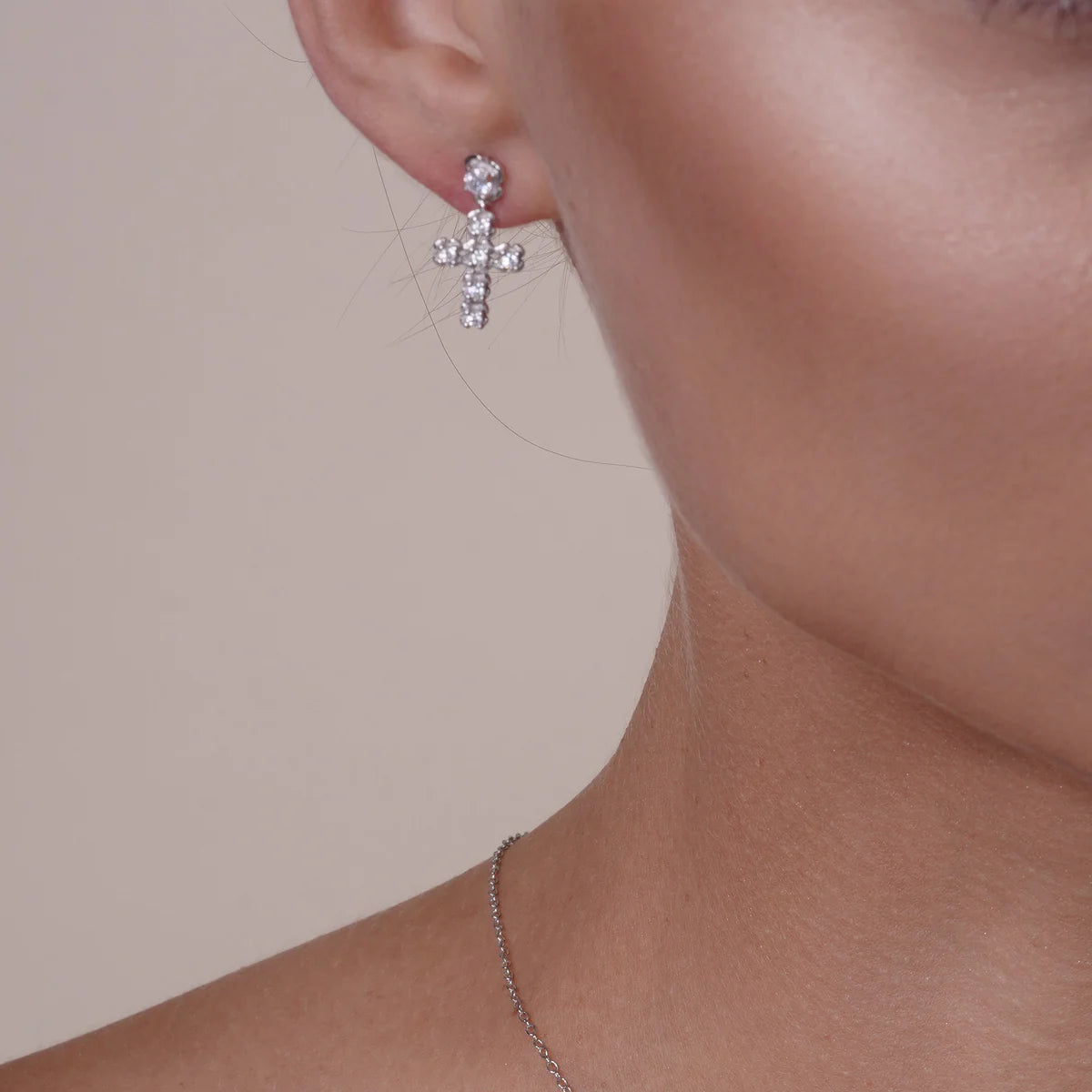 Silver Clear Cross CZ Stud Earring and Necklace Set