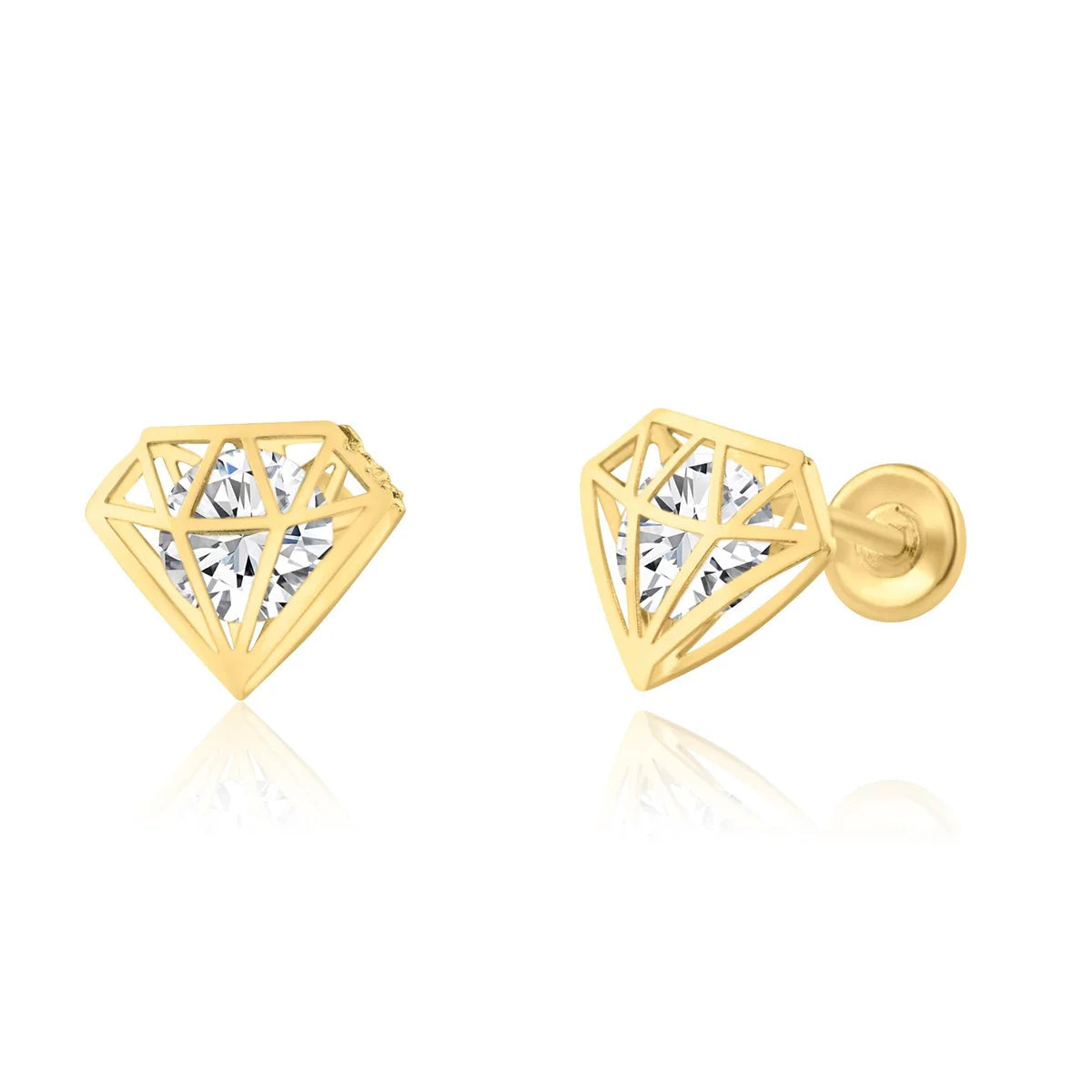 14K Yellow Gold CZ Diamond Design Screw Back Earrings