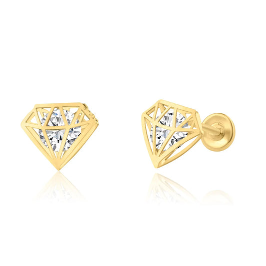 14K Yellow Gold CZ Diamond Design Screw Back Earrings
