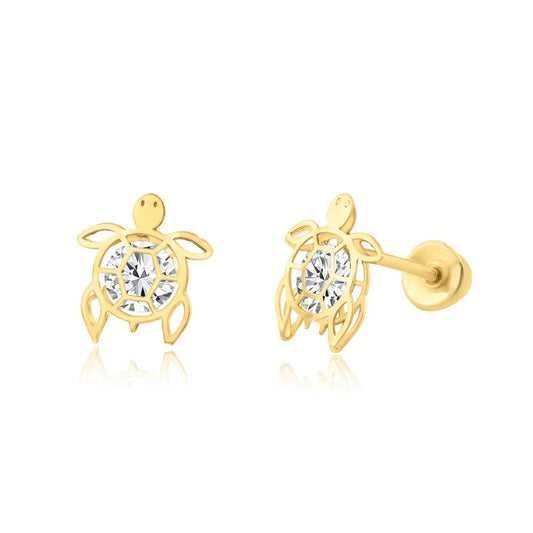 14K Yellow Gold CZ Turtle Screw Back Earrings