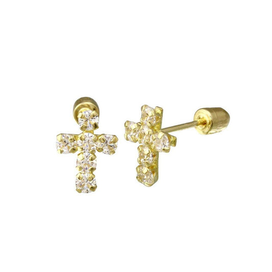 14  Yellow Gold Cross Clear CZ Screw Back Stud Earring