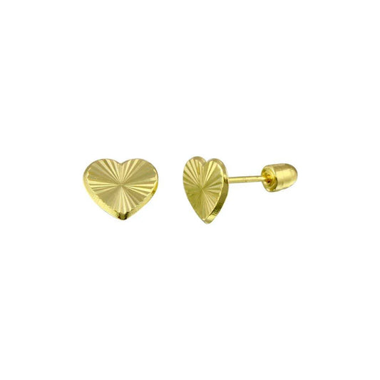 14K Yellow Gold Diamond Cut Heart Screw Back Stud Earrings