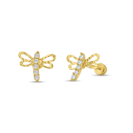 14K Yellow Gold Dragonfly CZ Screw Back Stud Earrings