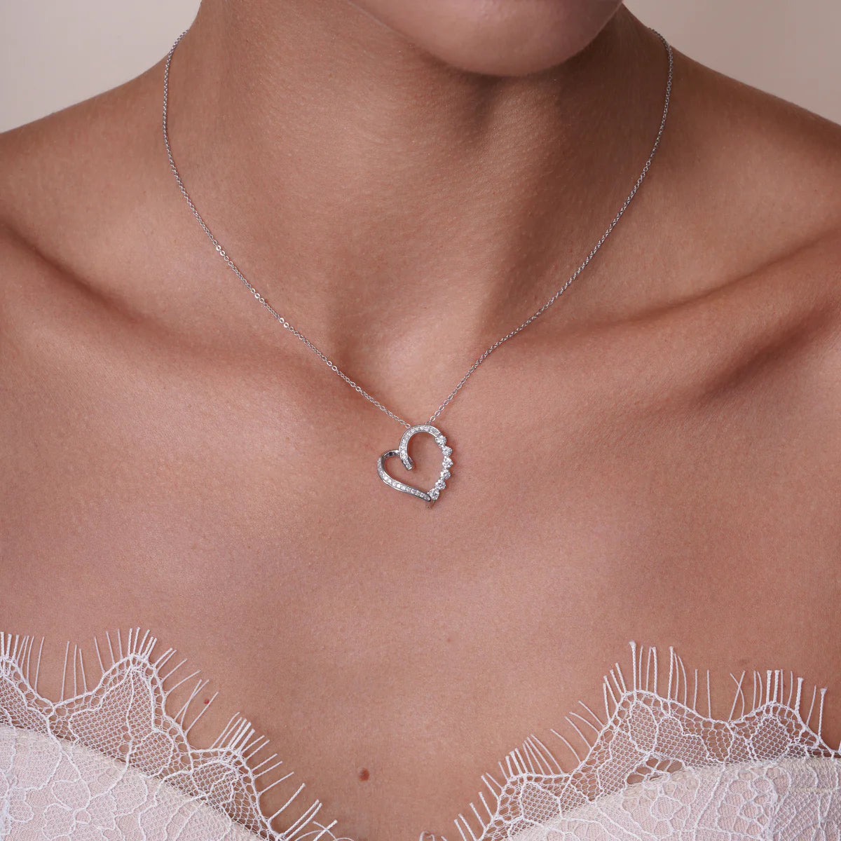 Silver Lab Grown Diamond Asymetrical Heart Pendant Adjustable Necklace