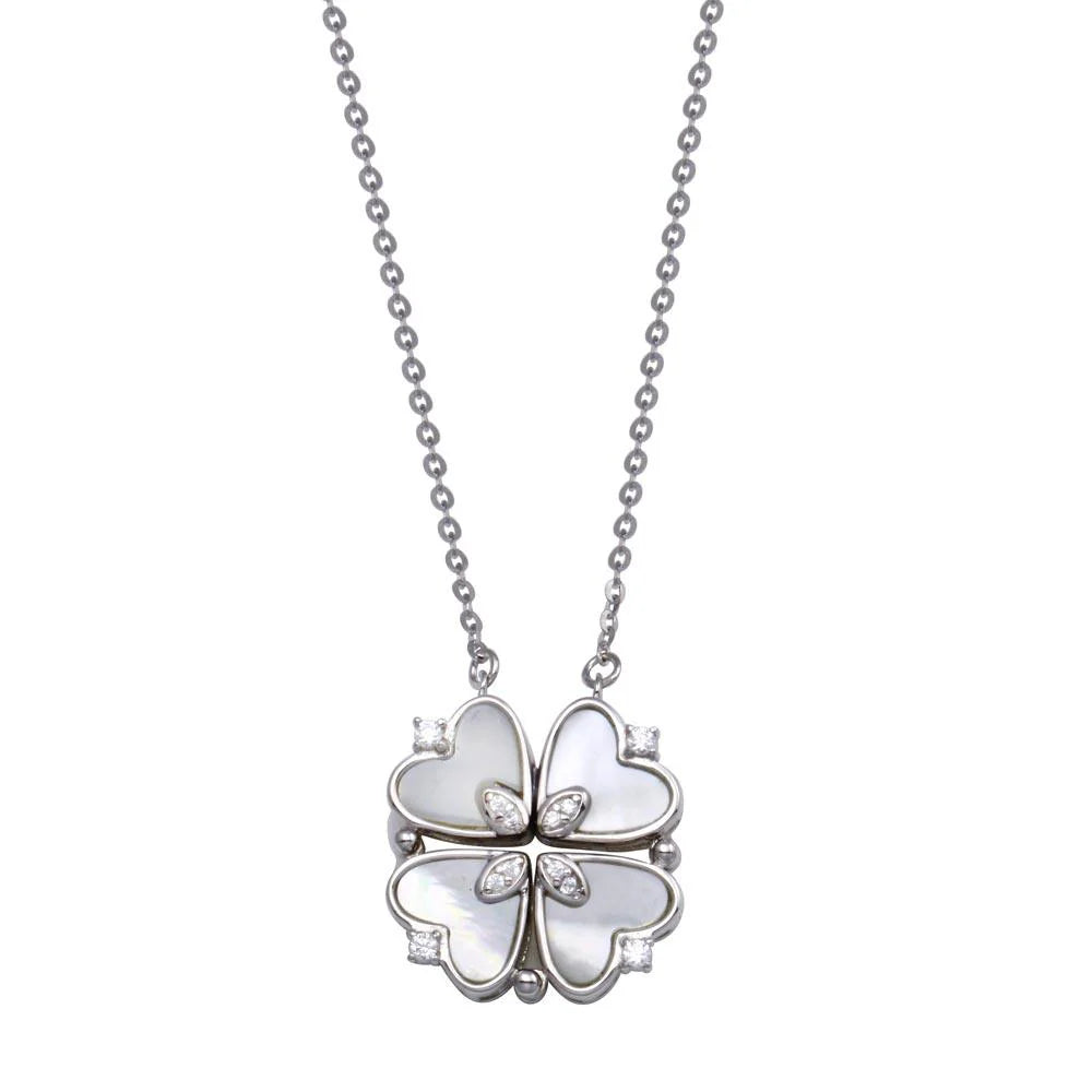 Sterling Silver CZ MOP Magnetic Flower Heart Necklace