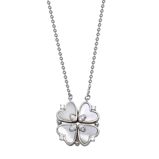 Sterling Silver CZ MOP Magnetic Flower Heart Necklace