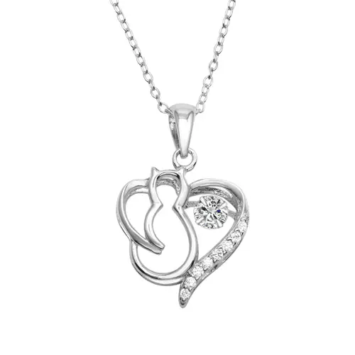 Sterling Silver Cat Heart Necklace with Dancing CZ