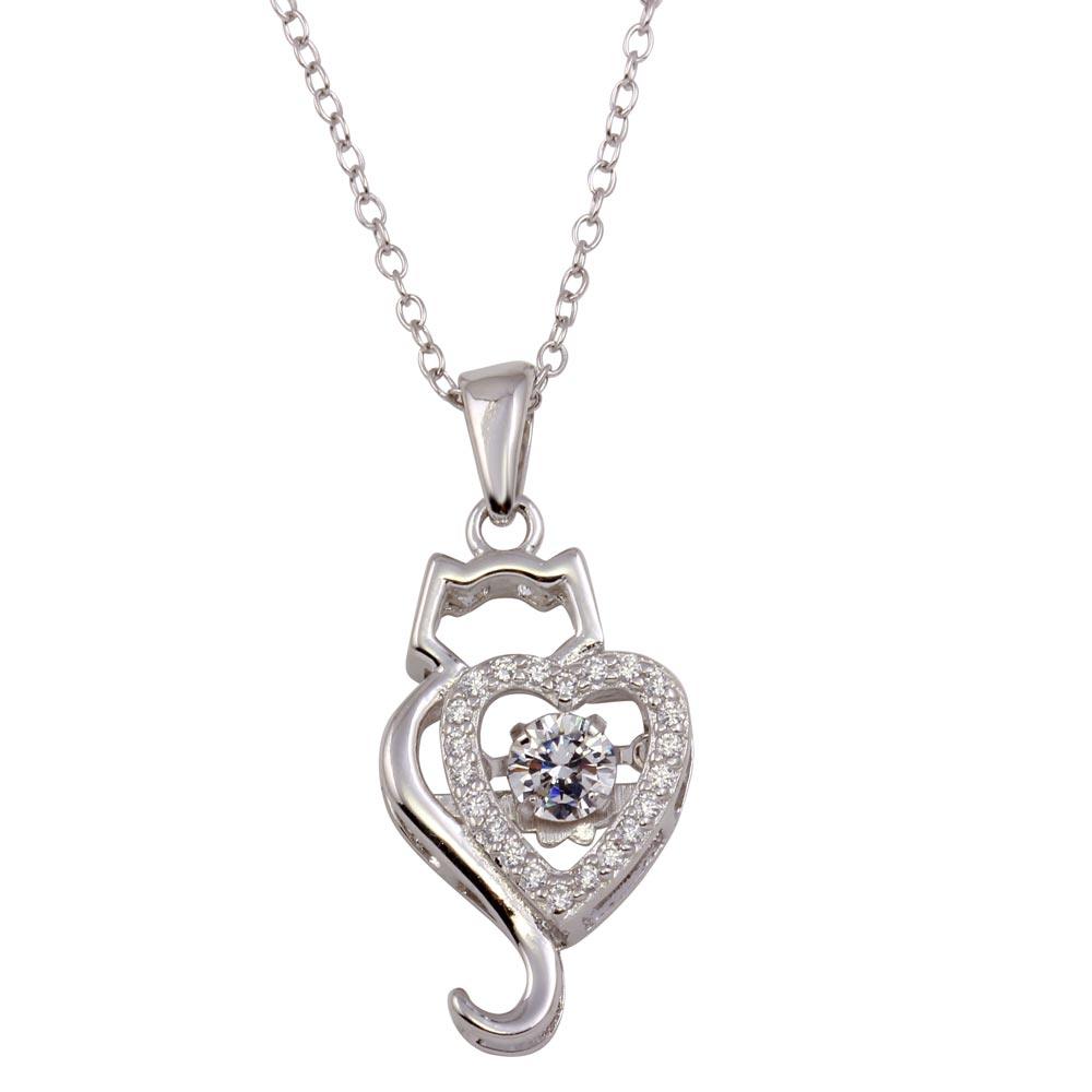 Sterling Silver Dancing CZ Heart Cat Necklace