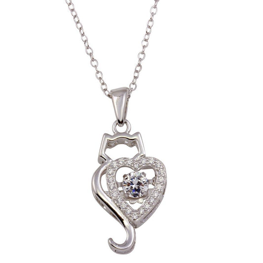 Sterling Silver Dancing CZ Heart Cat Necklace