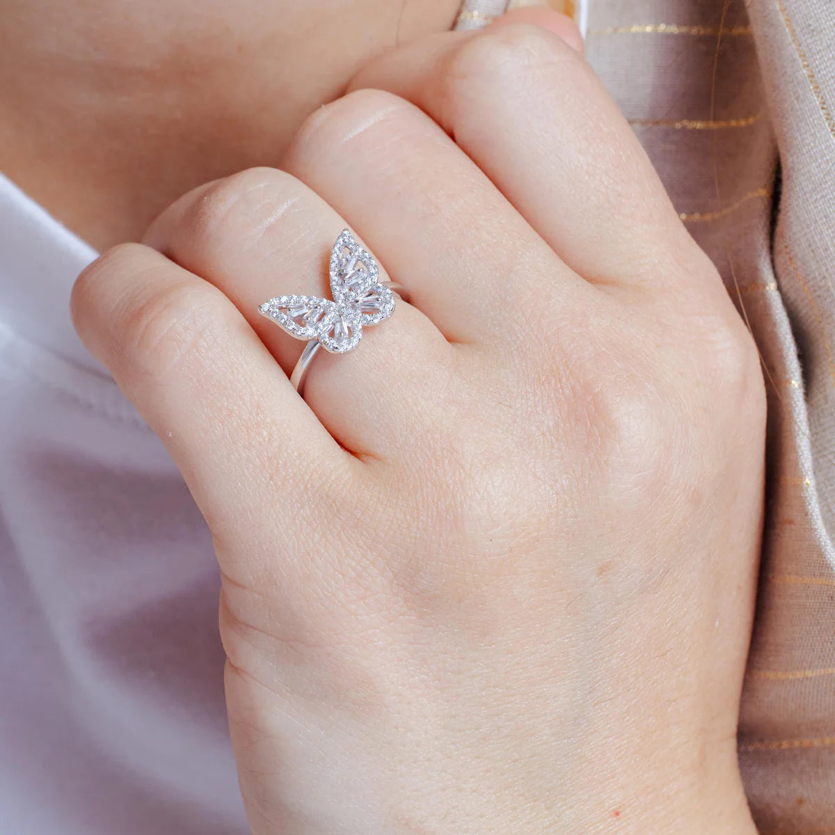 Sterling Silver Outline Clear CZ Butterfly Ring