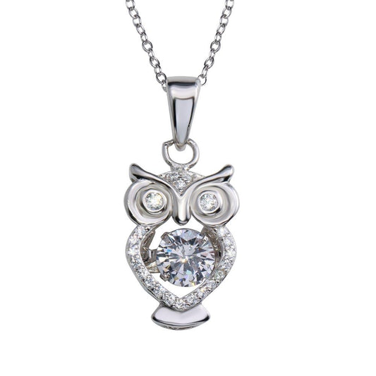 Sterling Silver Owl Pendant Necklace with Dancing CZ
