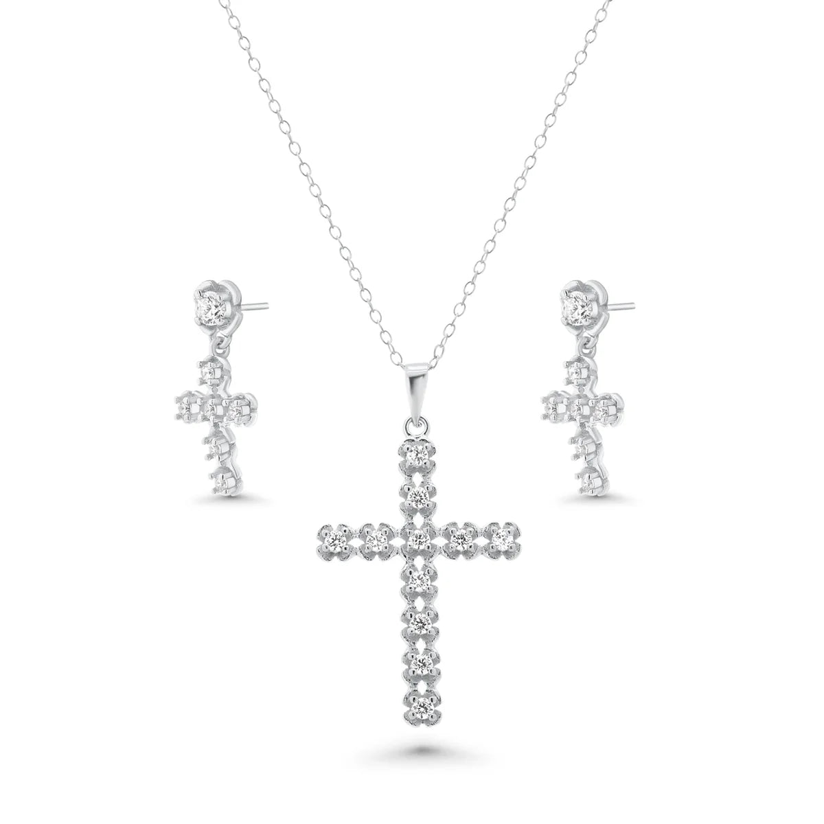 Silver Clear Cross CZ Stud Earring and Necklace Set