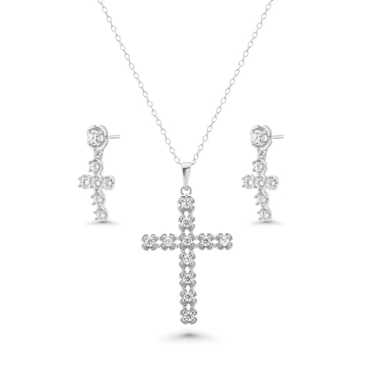 Silver Clear Cross CZ Stud Earring and Necklace Set