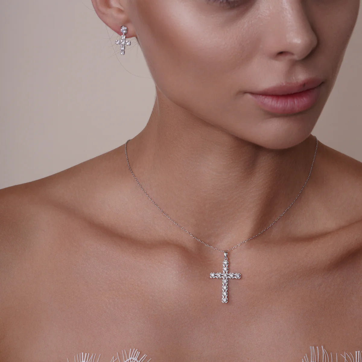 Silver Clear Cross CZ Stud Earring and Necklace Set